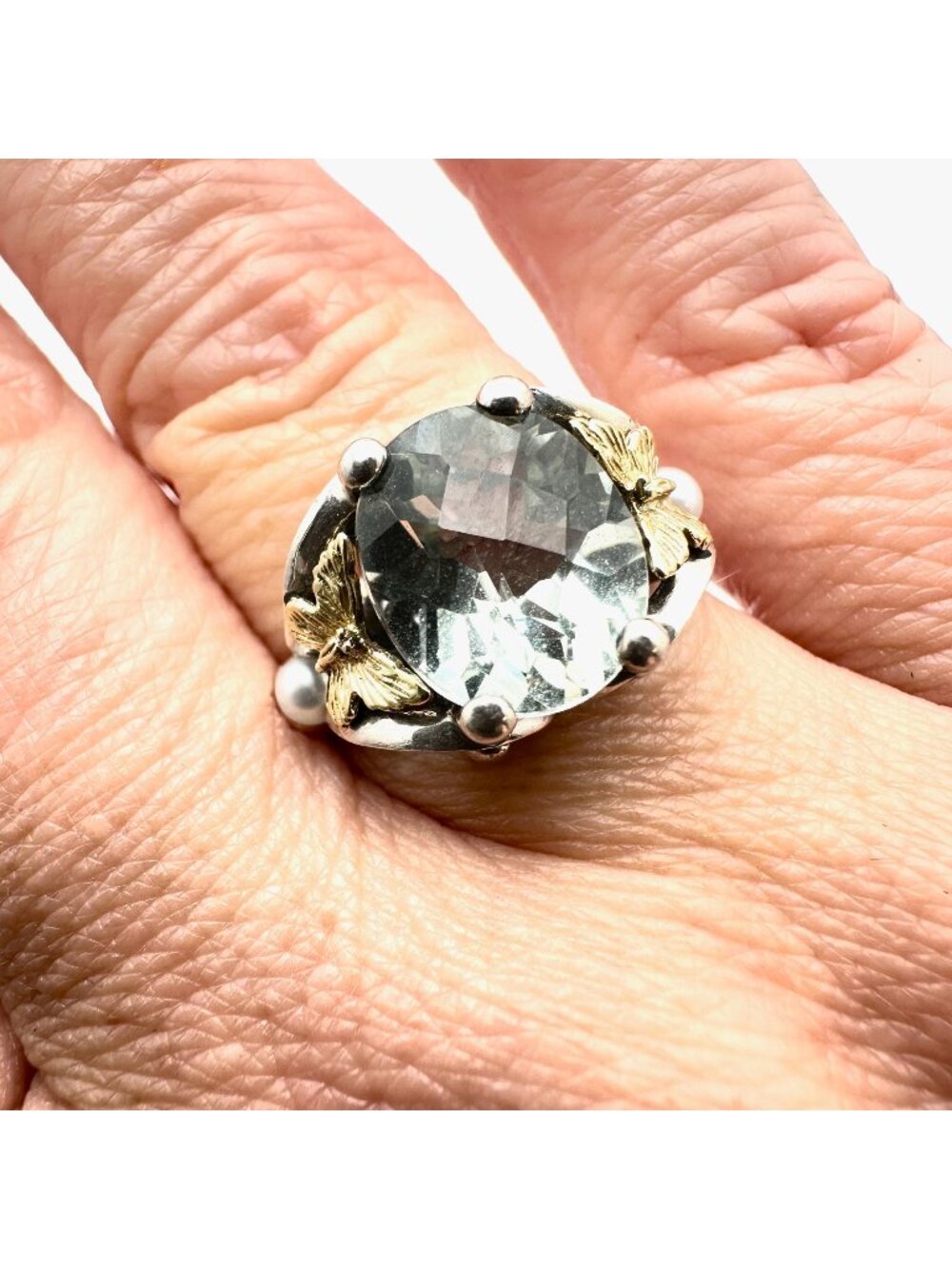Ann King Ring 18K Gold Sterling Silver Prasiolite Pearl Size 9